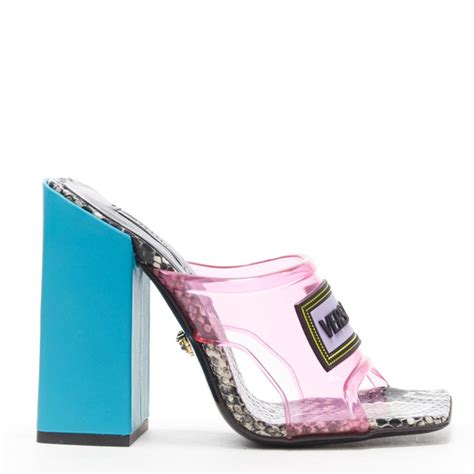 versace 90's vintage logo leather sandal|Versace 90's Logo Mule Heeled Sandals SS19 Runway .